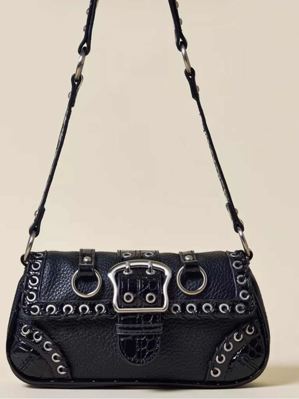 silence + noise Black Studded Shoulder Bag with Silver Hardware new with tags